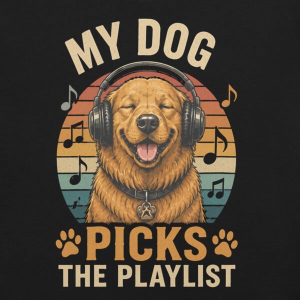 unisex-staple-t-shirt-black-front-6a0711d77571e.jpg My Dog Picks the Playlist – Funny Music Dog T-Shirt | Retro Vintage Pet Lover Tee