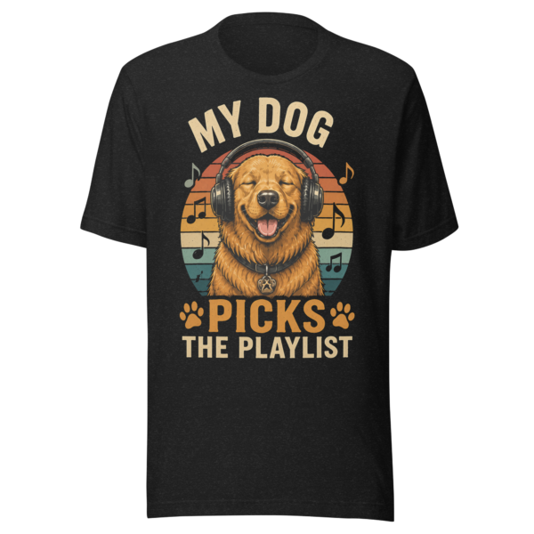 unisex-staple-t-shirt-black-heather-front-6a04d8f0ac1bd.png My Dog Picks the Playlist – Funny Music Dog T-Shirt | Retro Vintage Pet Lover Tee