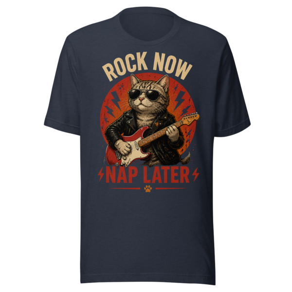 unisex-staple-t-shirt-heather-navy-front-6a098f9db9580.png Rock Now Cat t-shirt