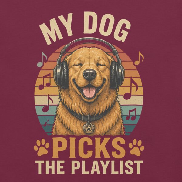 unisex-staple-t-shirt-maroon-front-6a0711d778755.jpg My Dog Picks the Playlist – Funny Music Dog T-Shirt | Retro Vintage Pet Lover Tee